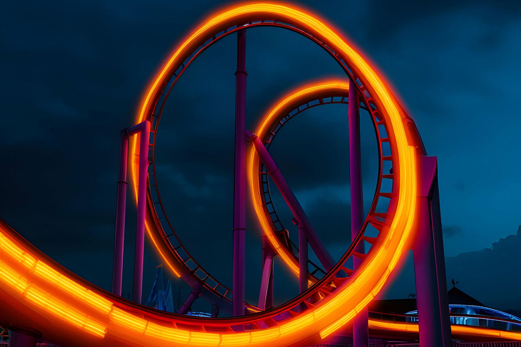 Lebendige und aufregende Atmosphäre, geschaffen durch neonorangefarbene Lichter, die die Achterbahn-Schienen bei Nacht beleuchten. Fesselnde Anziehungskraft.