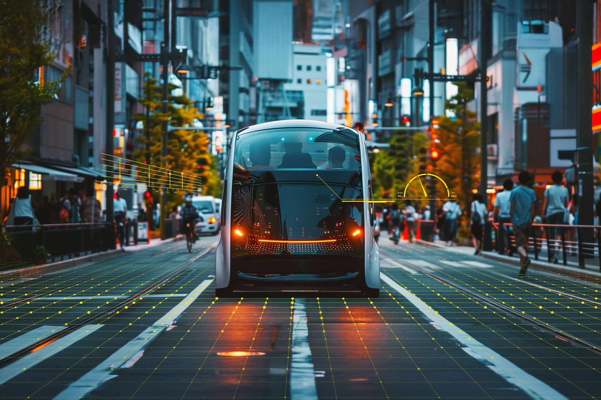 an autonomous vehicle navigating city streets.&quot;