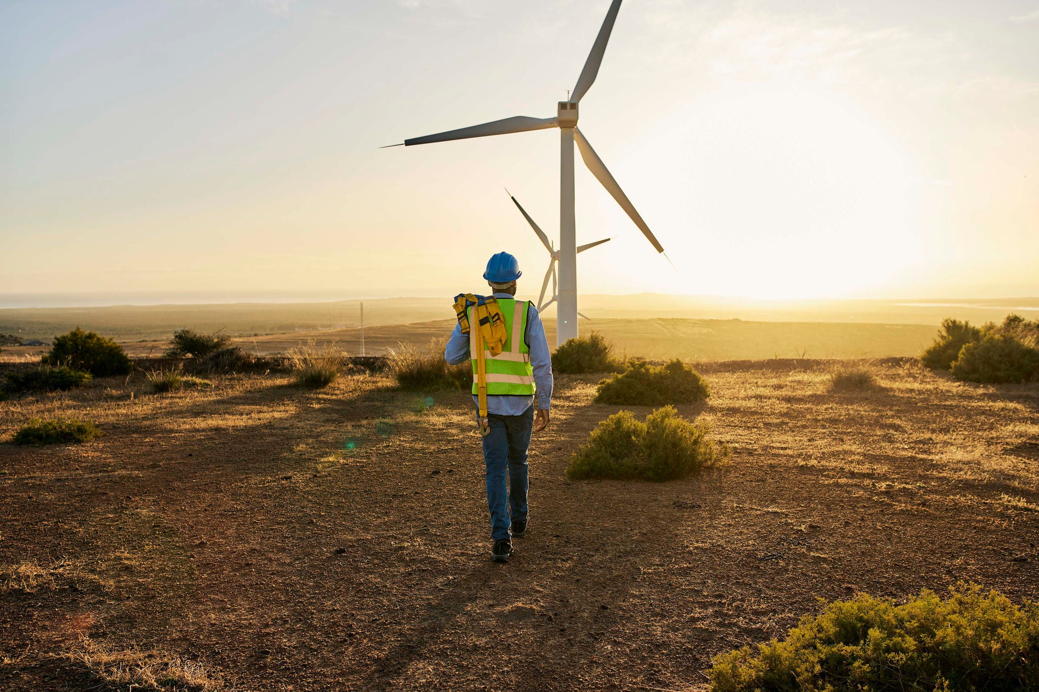 Engineer walking towards wind turbine