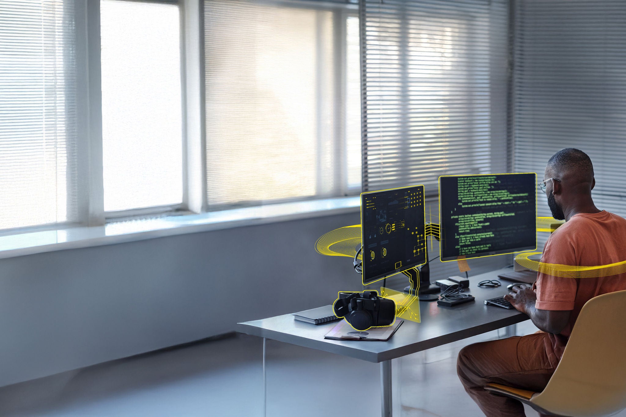 Minimal back view of African American man writing code in green lines and using computers in office, copy space
